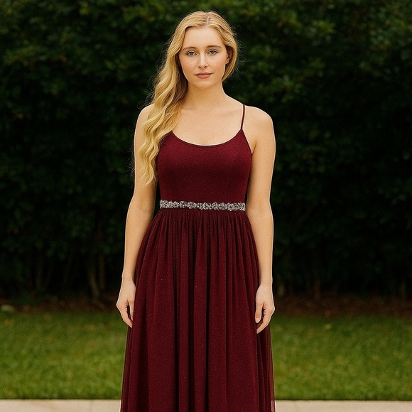 Speechless Dresses & Skirts - SPEECHLESS Burgundy Glitter Sheer Evening Gown Size 9 Beaded Flowing  Faux pearl